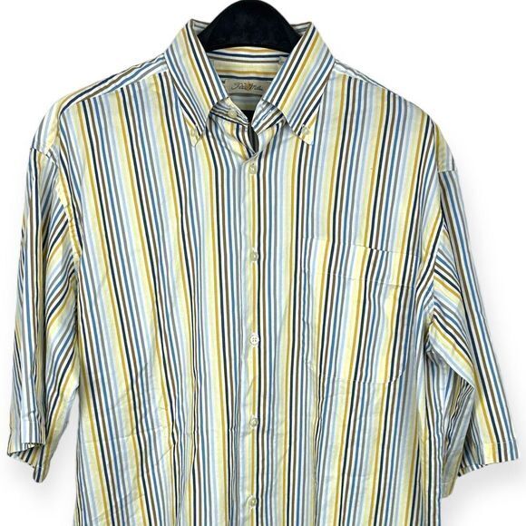 Peter Millar Men's Large Cotton Striped Short Sleeve Shirt Blue Yellow Red White - Picture 1 of 4